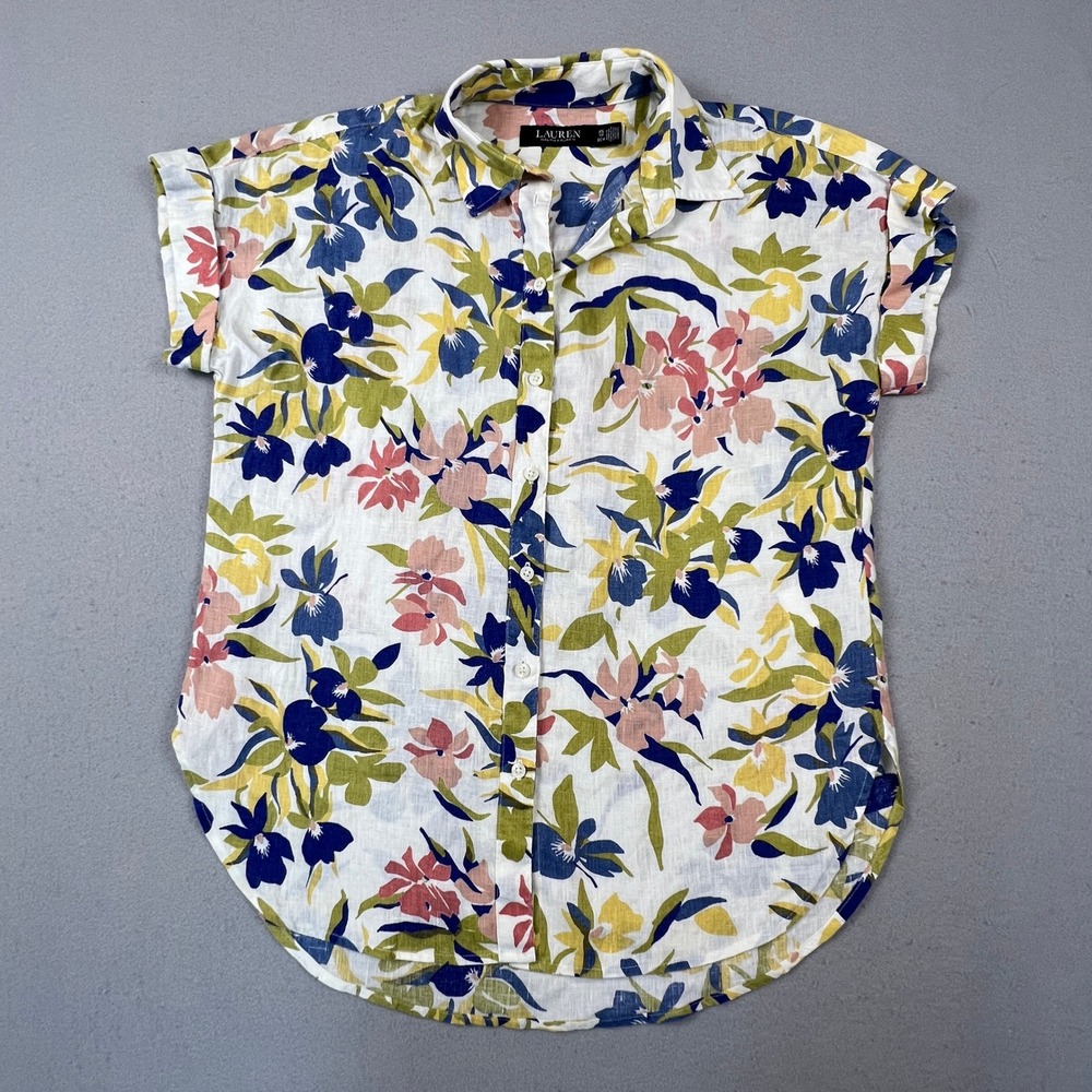 Lauren Ralph Lauren Button Down Shirt Womens XS Multi Floral 100% Linen Tropical